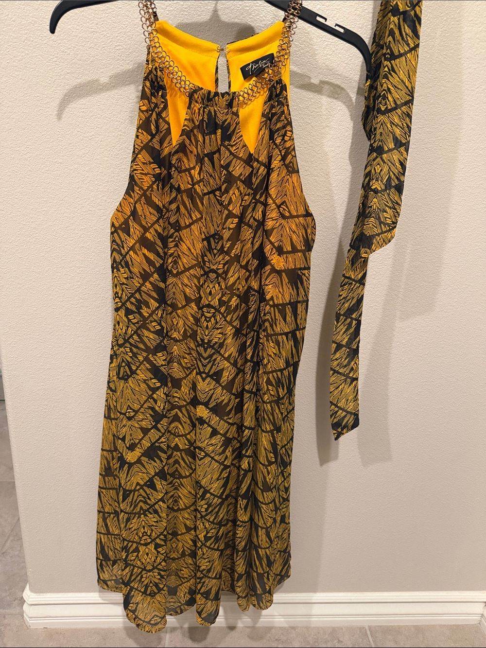 Thalia Sodi Yellow and Black Halter Mini Dress with Chain Straps
